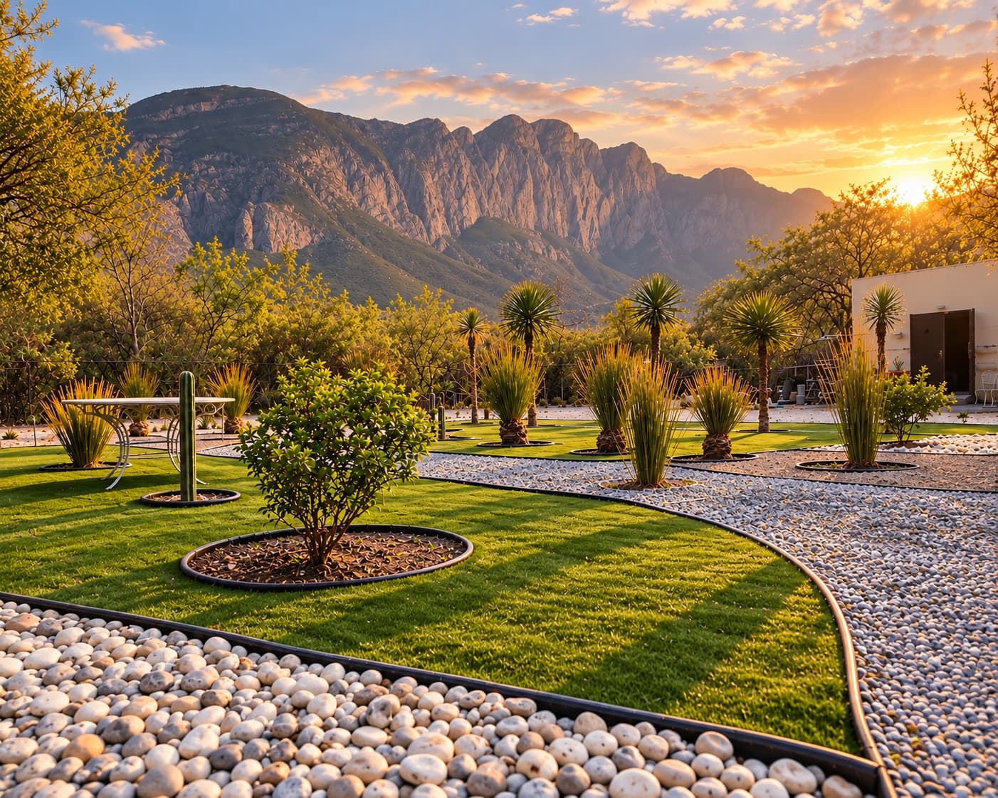 Jardín paisajístico con montañas y atardecer en Nuevo León
